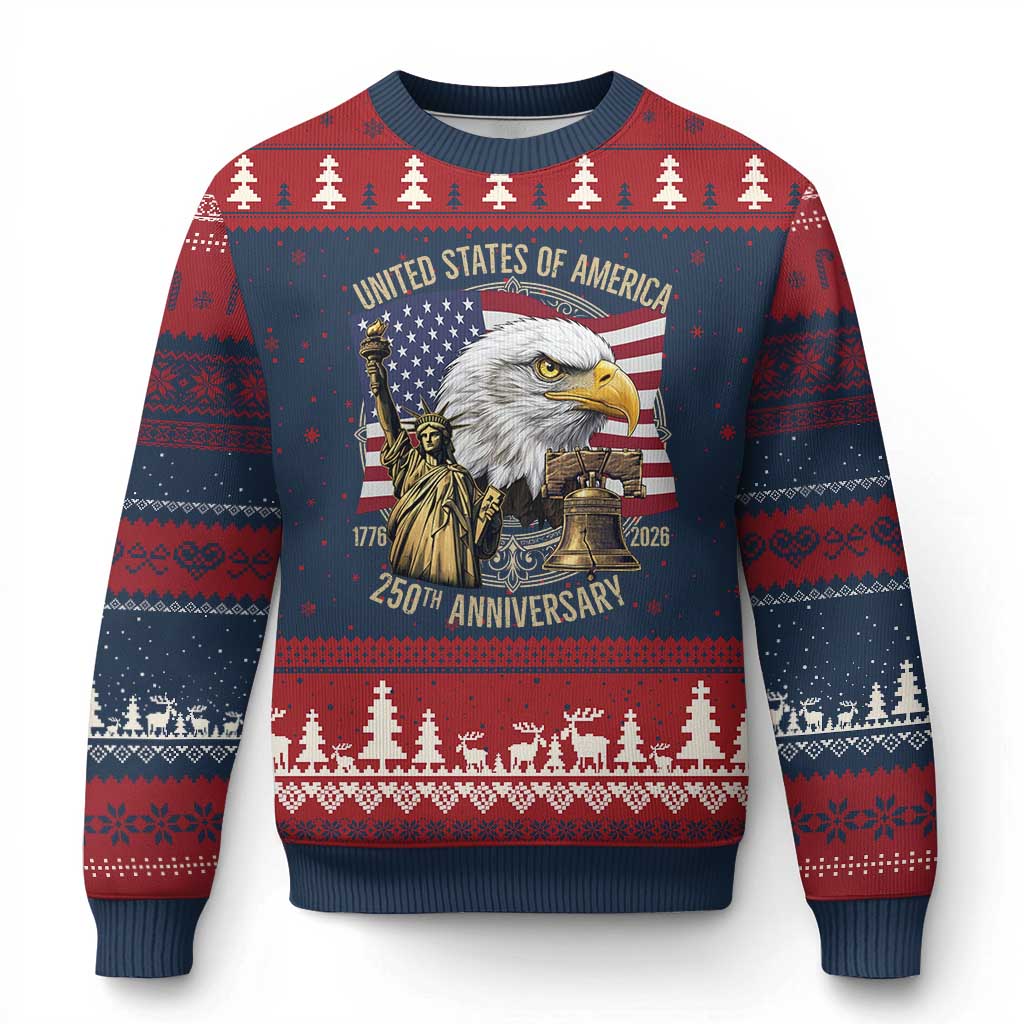 USA 250th Anniversary 1776 2026 4th of July Ugly Christmas Sweater Patriotic Eagle Liberty Bell Statue of Liberty Graphic