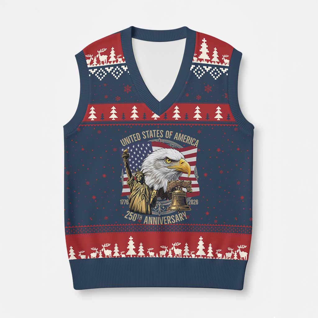 USA 250th Anniversary 1776 2026 4th of July V-Neck Knit Sweater Vest Patriotic Eagle Liberty Bell Statue of Liberty Graphic