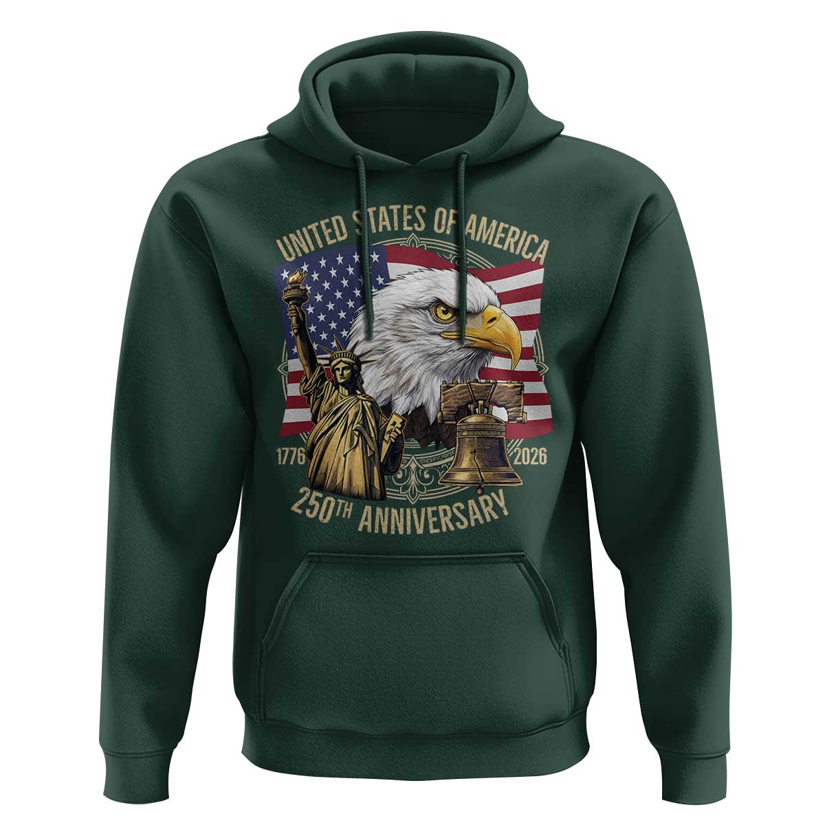 USA 250th Anniversary 1776 2026 4th of July Hoodie Patriotic Eagle Liberty Bell Statue of Liberty Graphic