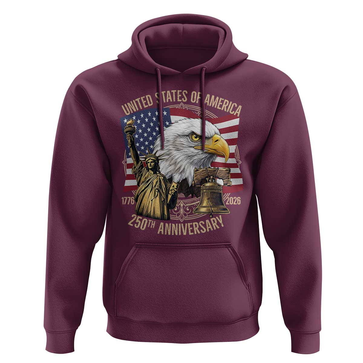 USA 250th Anniversary 1776 2026 4th of July Hoodie Patriotic Eagle Liberty Bell Statue of Liberty Graphic
