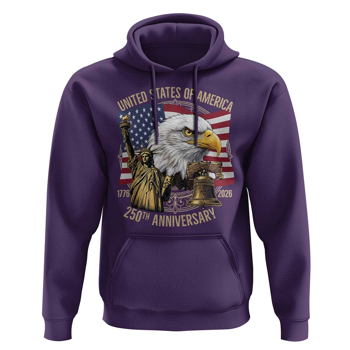 USA 250th Anniversary 1776 2026 4th of July Hoodie Patriotic Eagle Liberty Bell Statue of Liberty Graphic