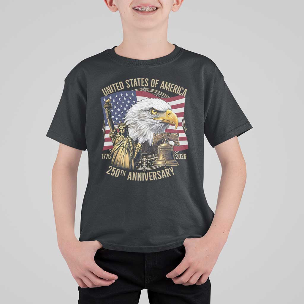 USA 250th Anniversary 1776 2026 4th of July T Shirt For Kid Patriotic Eagle Liberty Bell Statue of Liberty Graphic