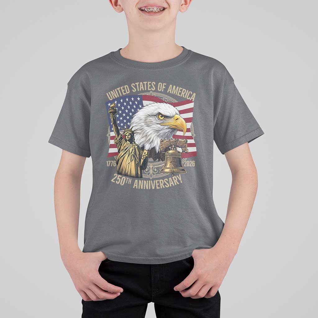 USA 250th Anniversary 1776 2026 4th of July T Shirt For Kid Patriotic Eagle Liberty Bell Statue of Liberty Graphic
