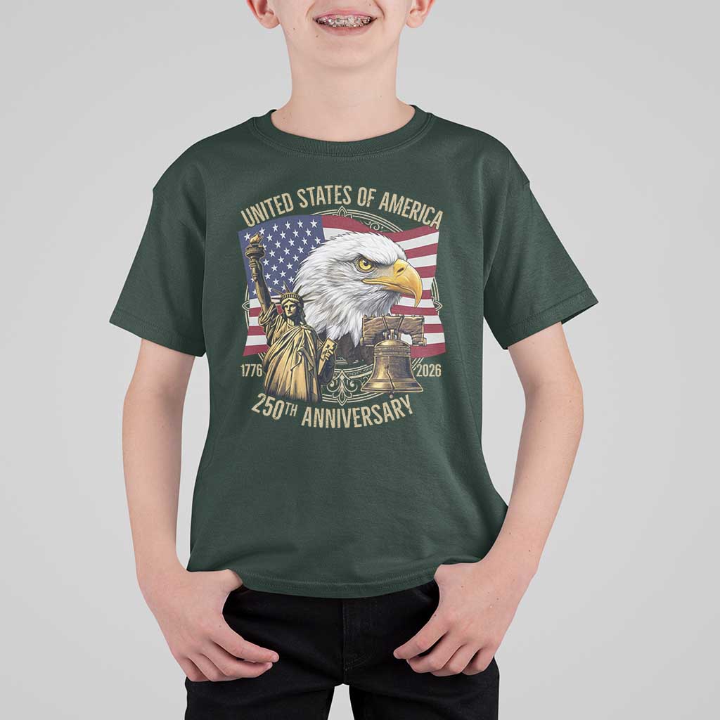 USA 250th Anniversary 1776 2026 4th of July T Shirt For Kid Patriotic Eagle Liberty Bell Statue of Liberty Graphic