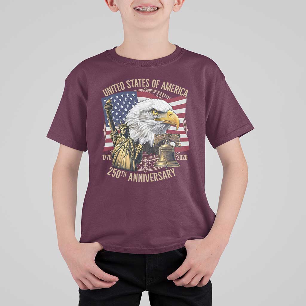 USA 250th Anniversary 1776 2026 4th of July T Shirt For Kid Patriotic Eagle Liberty Bell Statue of Liberty Graphic