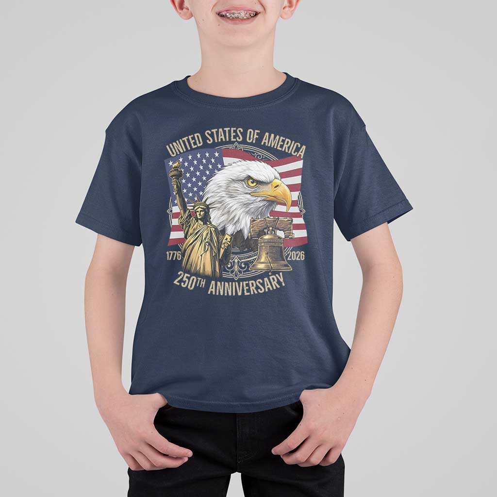 USA 250th Anniversary 1776 2026 4th of July T Shirt For Kid Patriotic Eagle Liberty Bell Statue of Liberty Graphic
