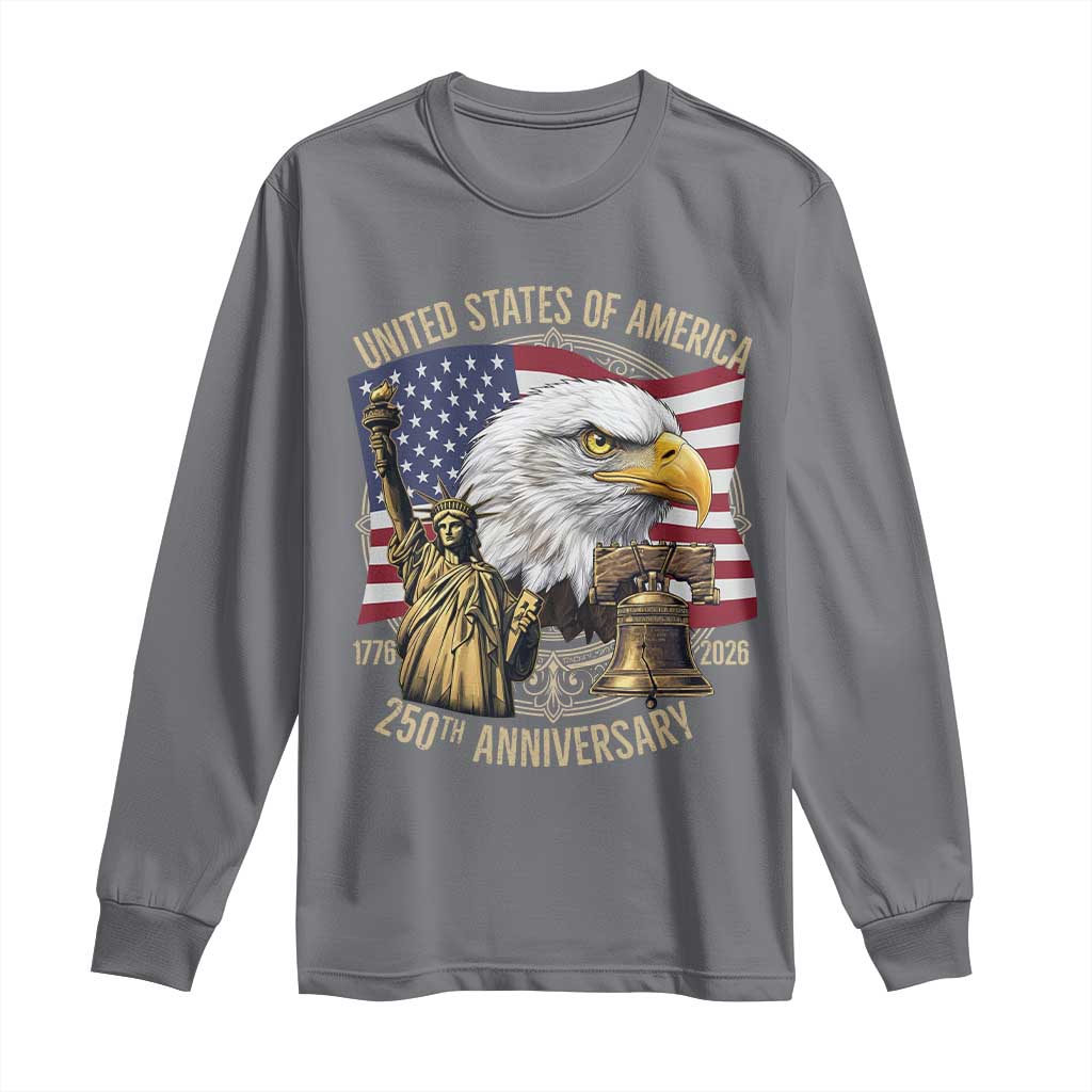 USA 250th Anniversary 1776 2026 4th of July Long Sleeve Shirt Patriotic Eagle Liberty Bell Statue of Liberty Graphic