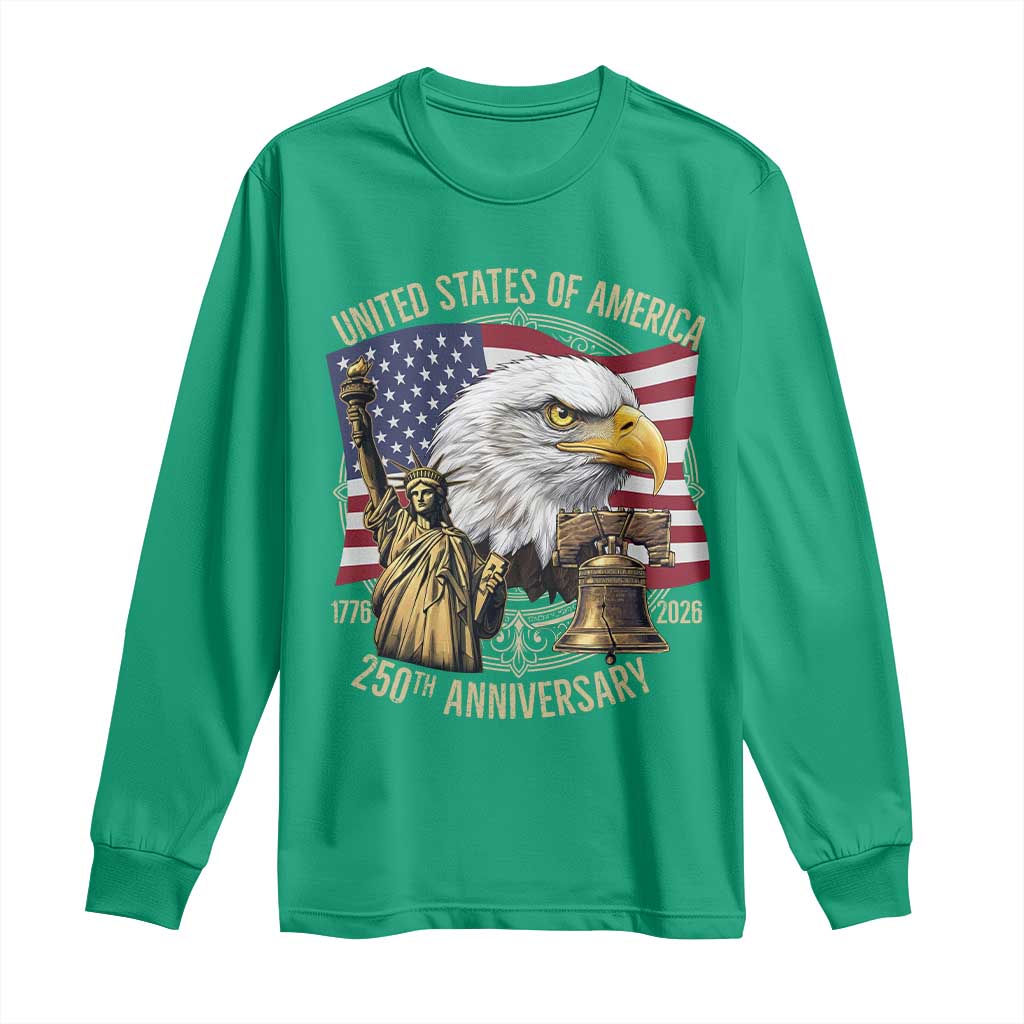 USA 250th Anniversary 1776 2026 4th of July Long Sleeve Shirt Patriotic Eagle Liberty Bell Statue of Liberty Graphic