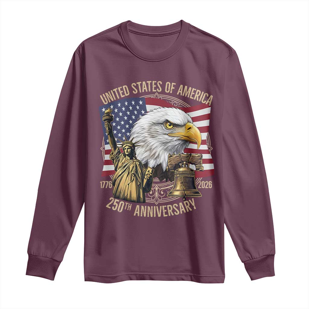 USA 250th Anniversary 1776 2026 4th of July Long Sleeve Shirt Patriotic Eagle Liberty Bell Statue of Liberty Graphic
