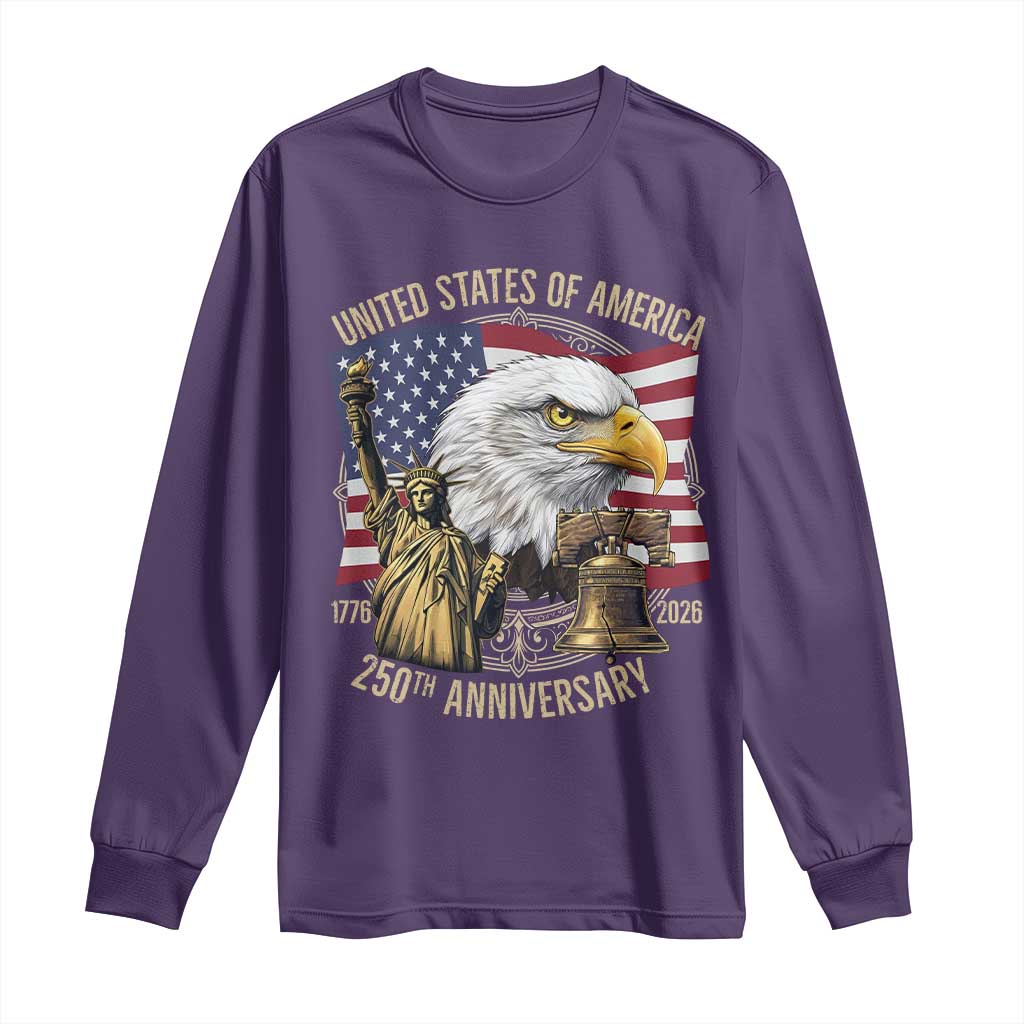 USA 250th Anniversary 1776 2026 4th of July Long Sleeve Shirt Patriotic Eagle Liberty Bell Statue of Liberty Graphic