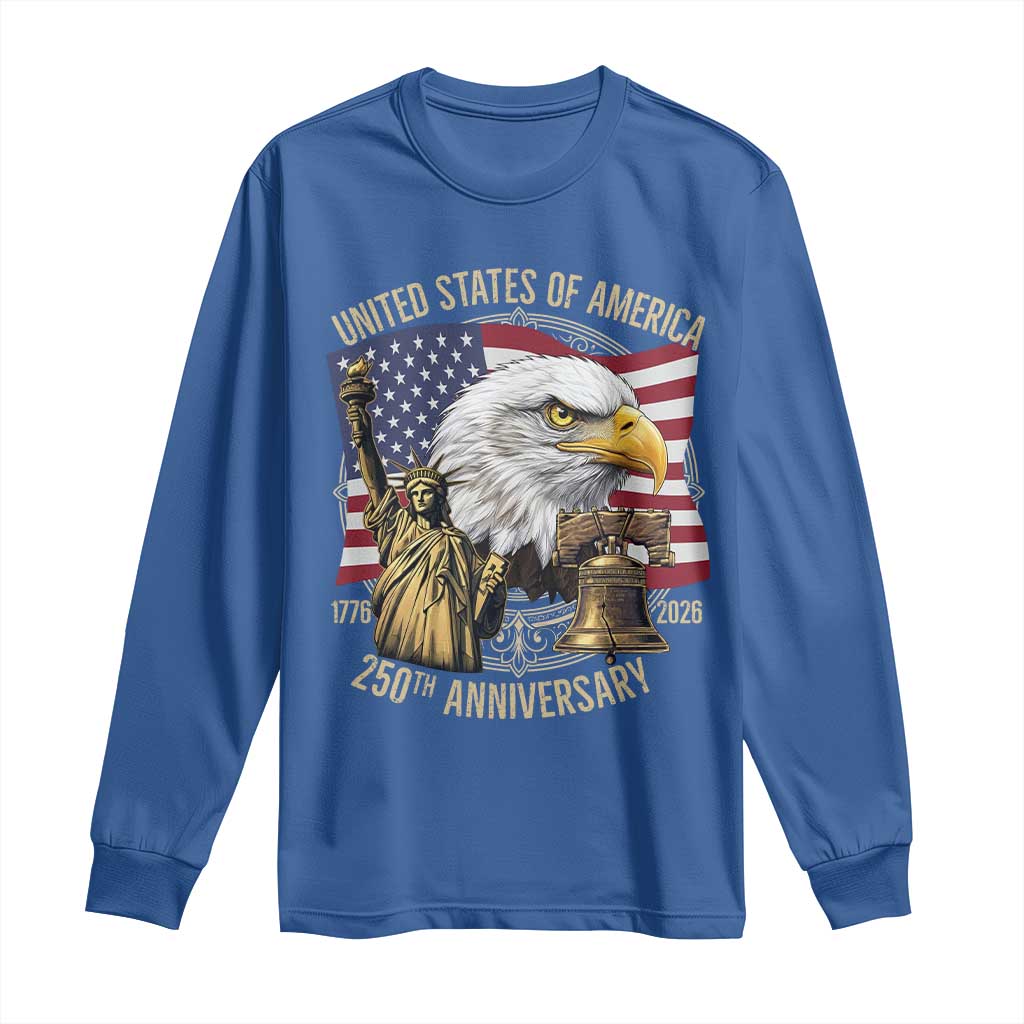 USA 250th Anniversary 1776 2026 4th of July Long Sleeve Shirt Patriotic Eagle Liberty Bell Statue of Liberty Graphic