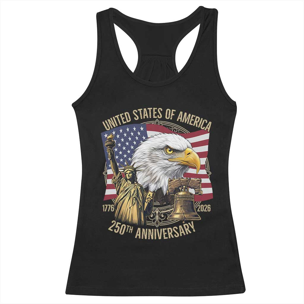 USA 250th Anniversary 1776 2026 4th of July Racerback Tank Top Patriotic Eagle Liberty Bell Statue of Liberty Graphic