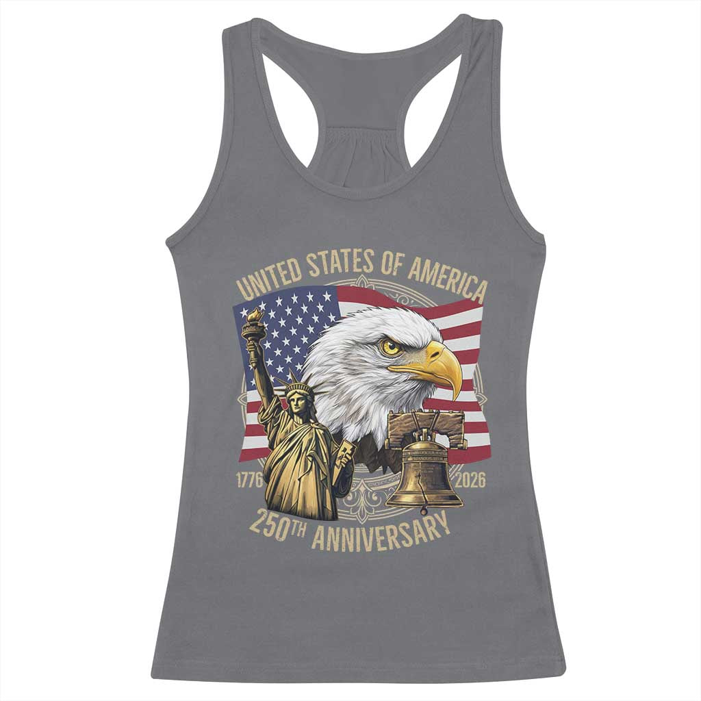 USA 250th Anniversary 1776 2026 4th of July Racerback Tank Top Patriotic Eagle Liberty Bell Statue of Liberty Graphic