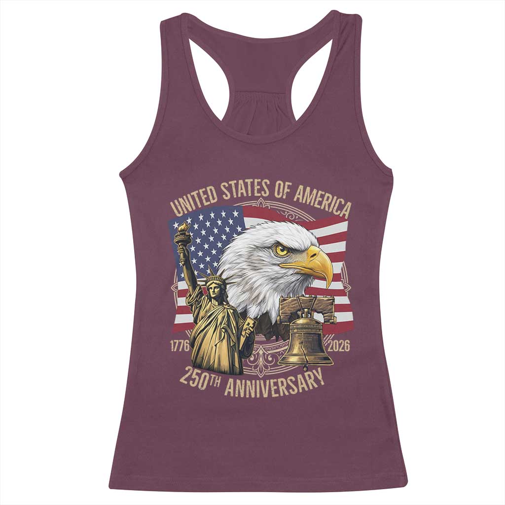 USA 250th Anniversary 1776 2026 4th of July Racerback Tank Top Patriotic Eagle Liberty Bell Statue of Liberty Graphic