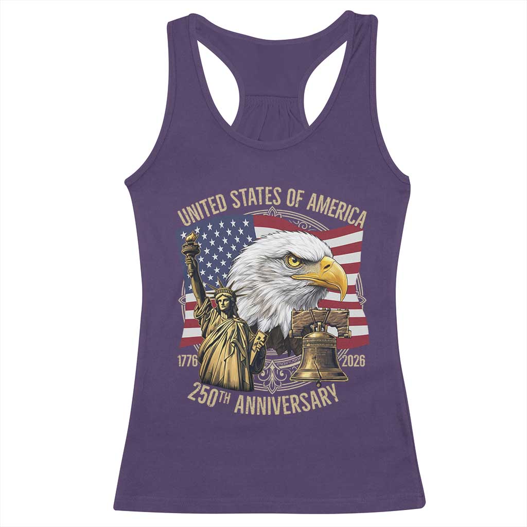 USA 250th Anniversary 1776 2026 4th of July Racerback Tank Top Patriotic Eagle Liberty Bell Statue of Liberty Graphic