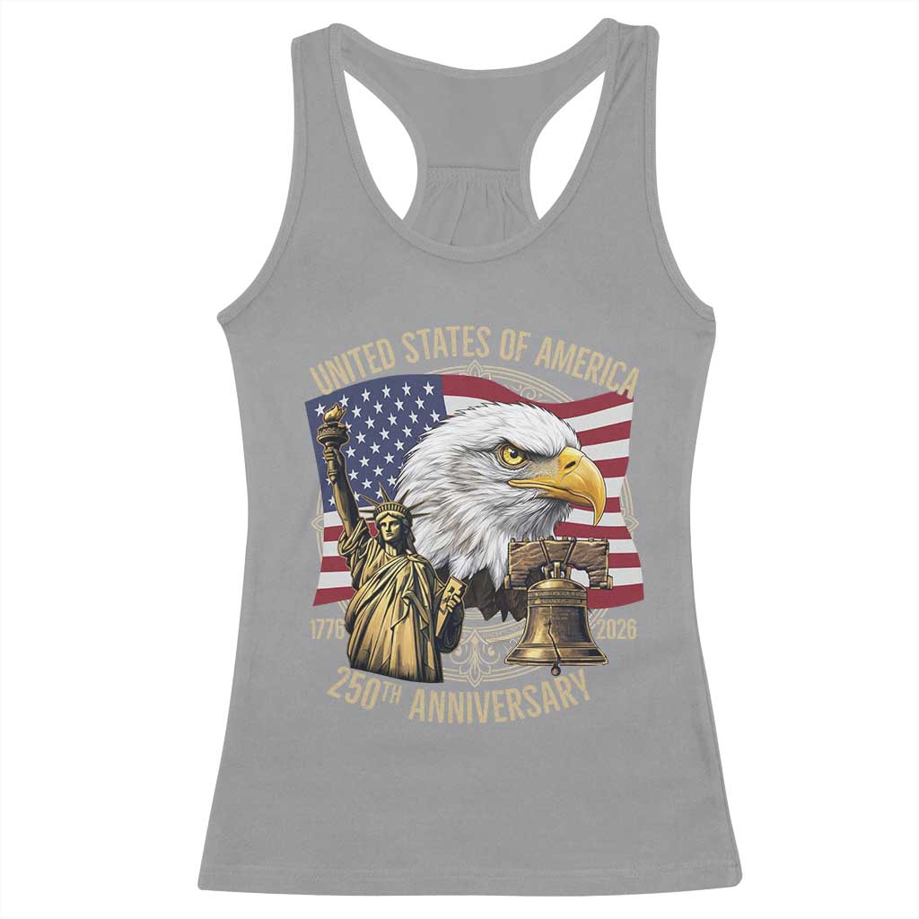 USA 250th Anniversary 1776 2026 4th of July Racerback Tank Top Patriotic Eagle Liberty Bell Statue of Liberty Graphic