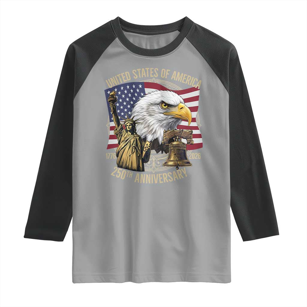 USA 250th Anniversary 1776 2026 4th of July Raglan Shirt Patriotic Eagle Liberty Bell Statue of Liberty Graphic