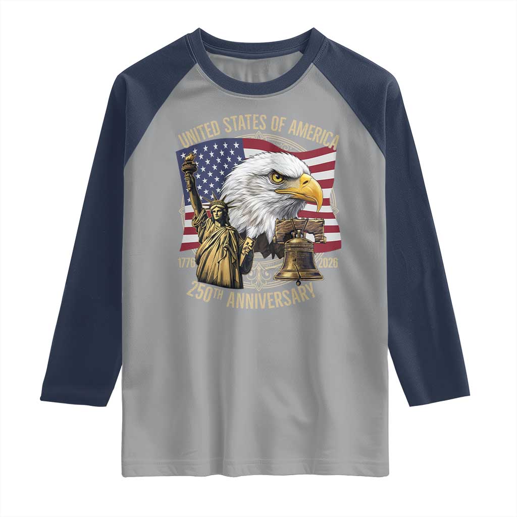 USA 250th Anniversary 1776 2026 4th of July Raglan Shirt Patriotic Eagle Liberty Bell Statue of Liberty Graphic