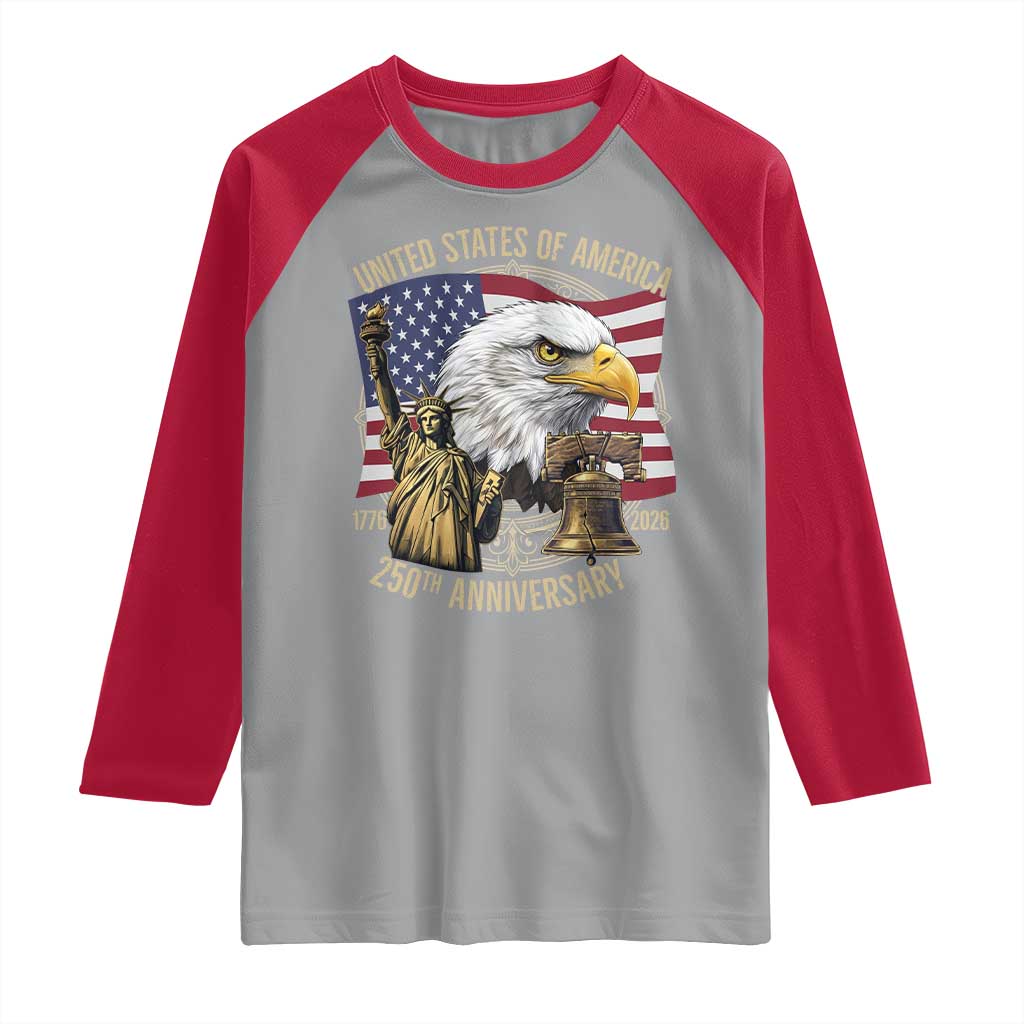 USA 250th Anniversary 1776 2026 4th of July Raglan Shirt Patriotic Eagle Liberty Bell Statue of Liberty Graphic