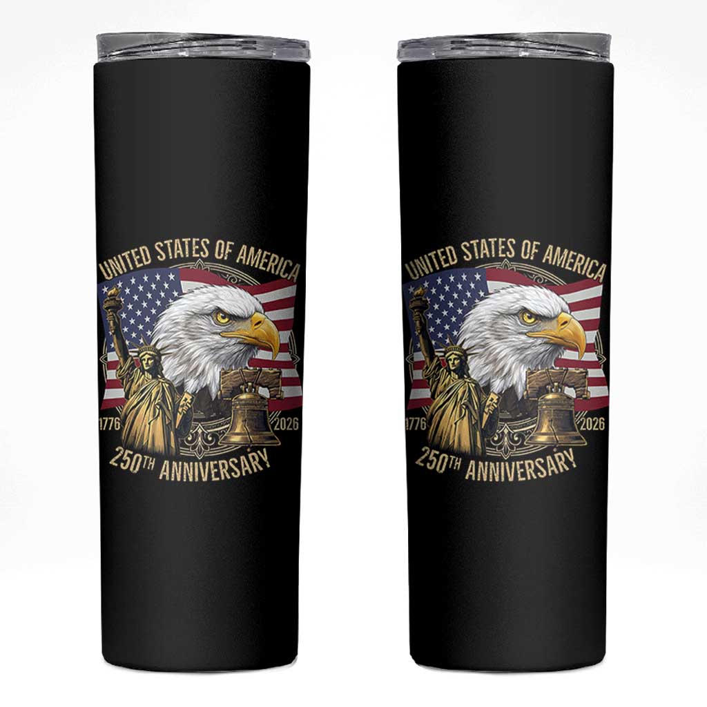 USA 250th Anniversary 1776 2026 4th of July Skinny Tumbler Patriotic Eagle Liberty Bell Statue of Liberty Graphic