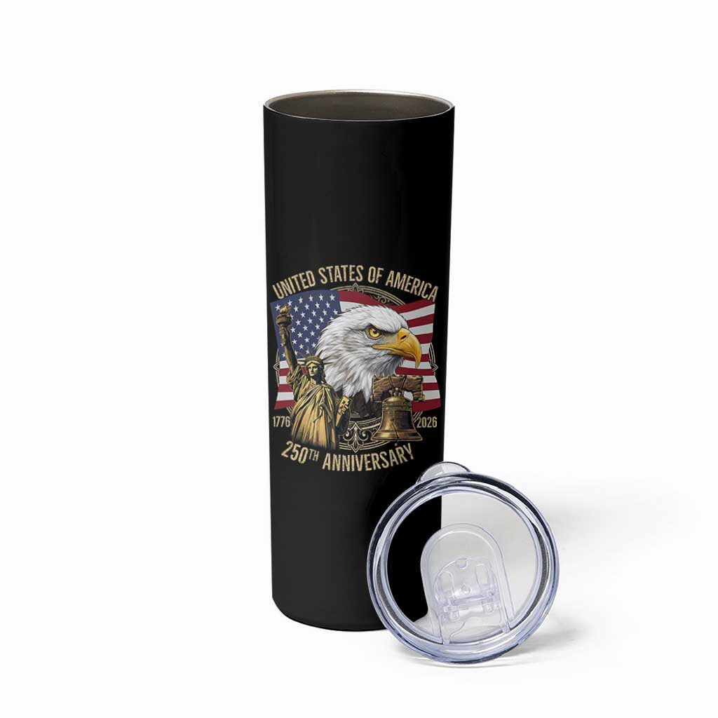 USA 250th Anniversary 1776 2026 4th of July Skinny Tumbler Patriotic Eagle Liberty Bell Statue of Liberty Graphic