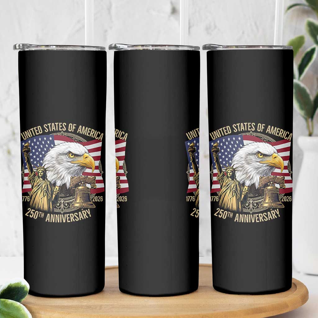 USA 250th Anniversary 1776 2026 4th of July Skinny Tumbler Patriotic Eagle Liberty Bell Statue of Liberty Graphic