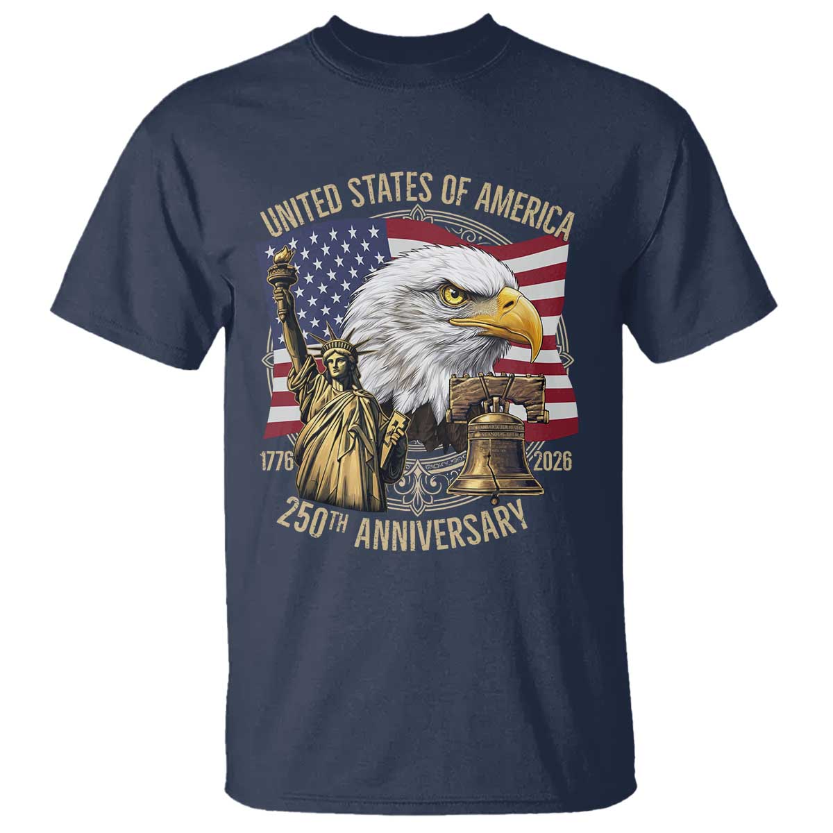 USA 250th Anniversary 1776 2026 4th of July T Shirt Patriotic Eagle Liberty Bell Statue of Liberty Graphic