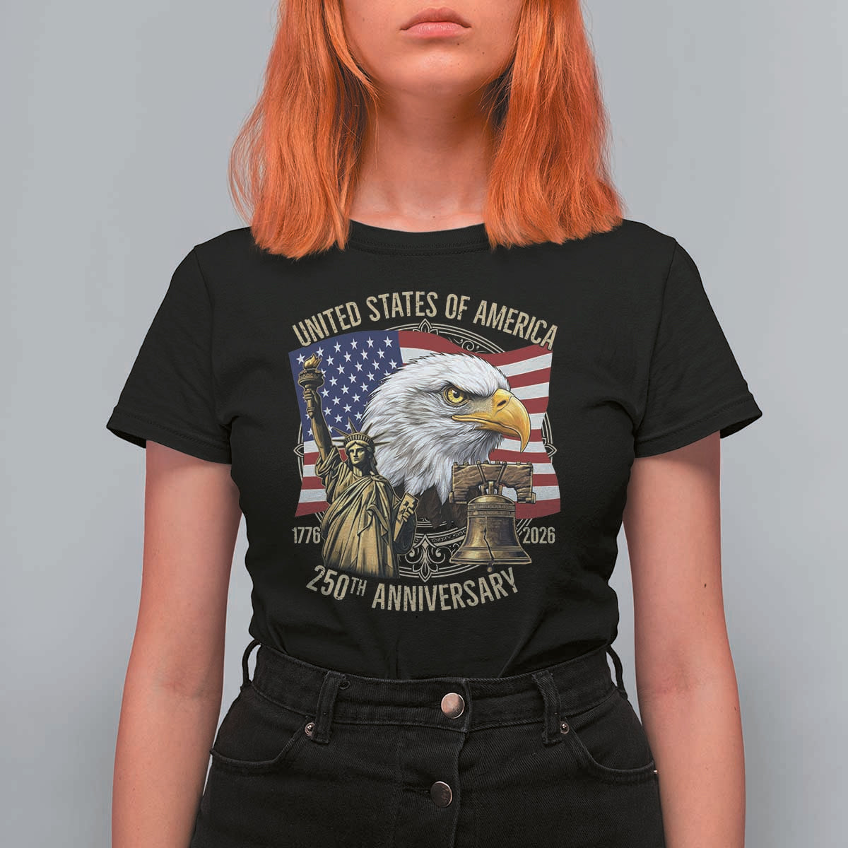 USA 250th Anniversary 1776 2026 4th of July T Shirt For Women Patriotic Eagle Liberty Bell Statue of Liberty Graphic