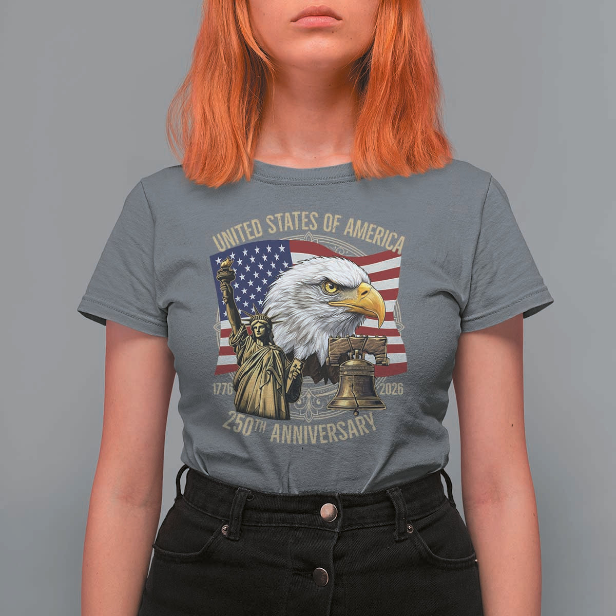 USA 250th Anniversary 1776 2026 4th of July T Shirt For Women Patriotic Eagle Liberty Bell Statue of Liberty Graphic