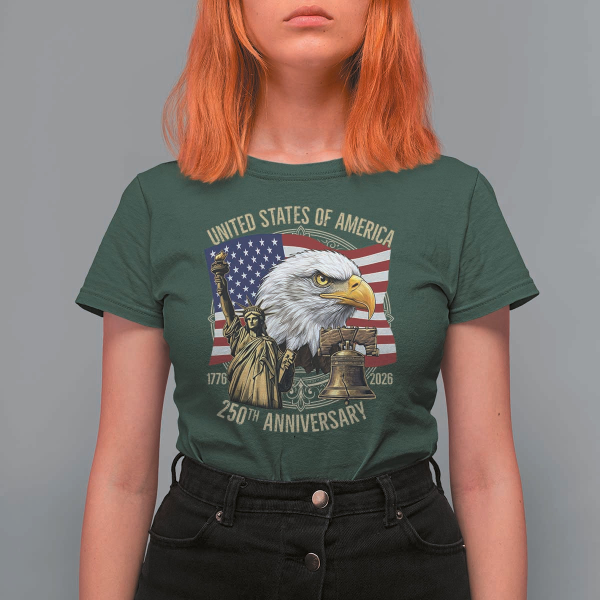 USA 250th Anniversary 1776 2026 4th of July T Shirt For Women Patriotic Eagle Liberty Bell Statue of Liberty Graphic
