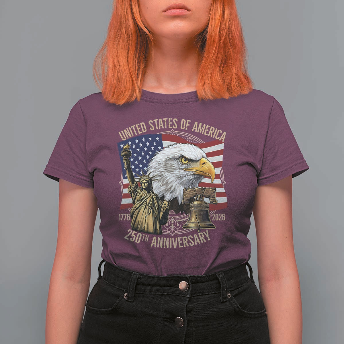 USA 250th Anniversary 1776 2026 4th of July T Shirt For Women Patriotic Eagle Liberty Bell Statue of Liberty Graphic