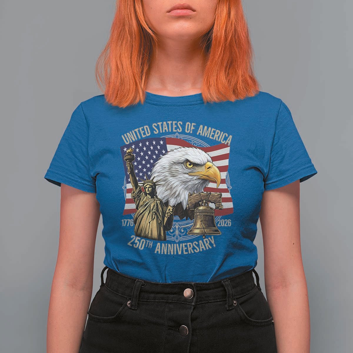 USA 250th Anniversary 1776 2026 4th of July T Shirt For Women Patriotic Eagle Liberty Bell Statue of Liberty Graphic