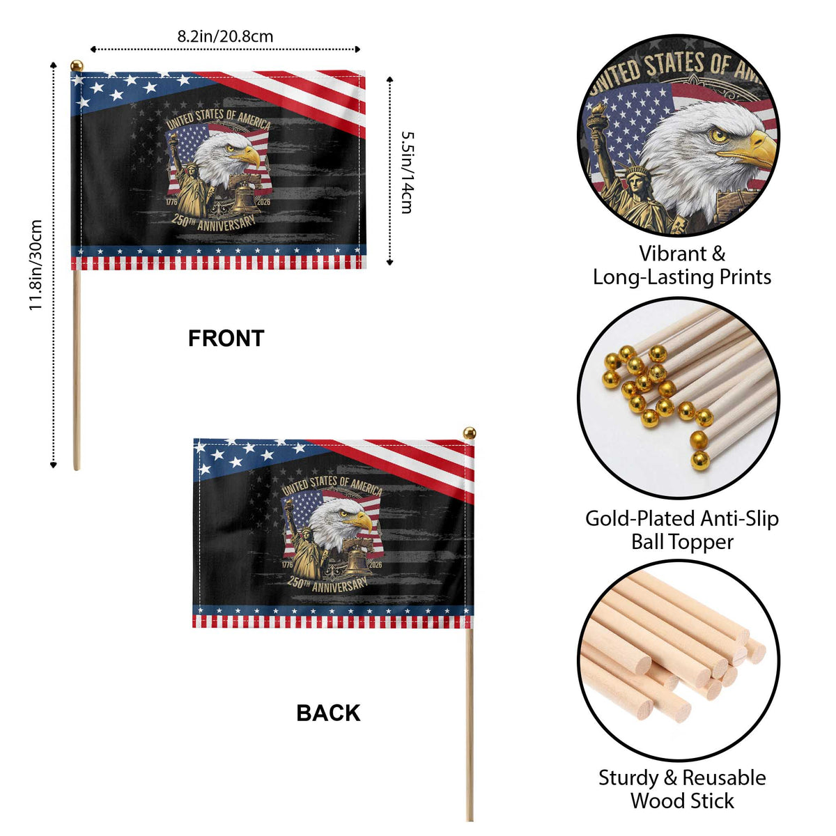USA 250th Anniversary 1776 2026 4th of July Patriotic Handheld Flag Patriotic Eagle Liberty Bell Statue of Liberty Graphic TS02