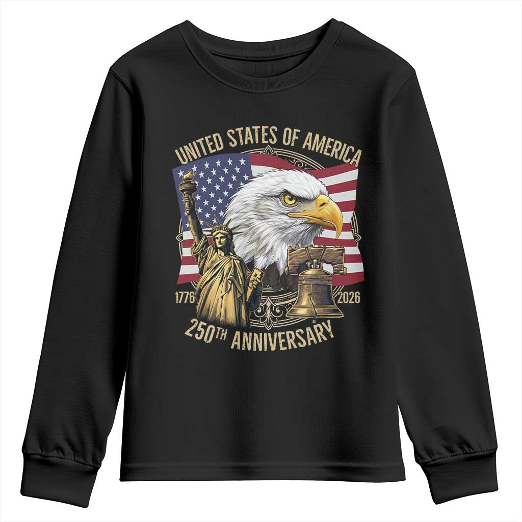 USA 250th Anniversary 1776 2026 4th of July Youth Sweatshirt Patriotic Eagle Liberty Bell Statue of Liberty Graphic