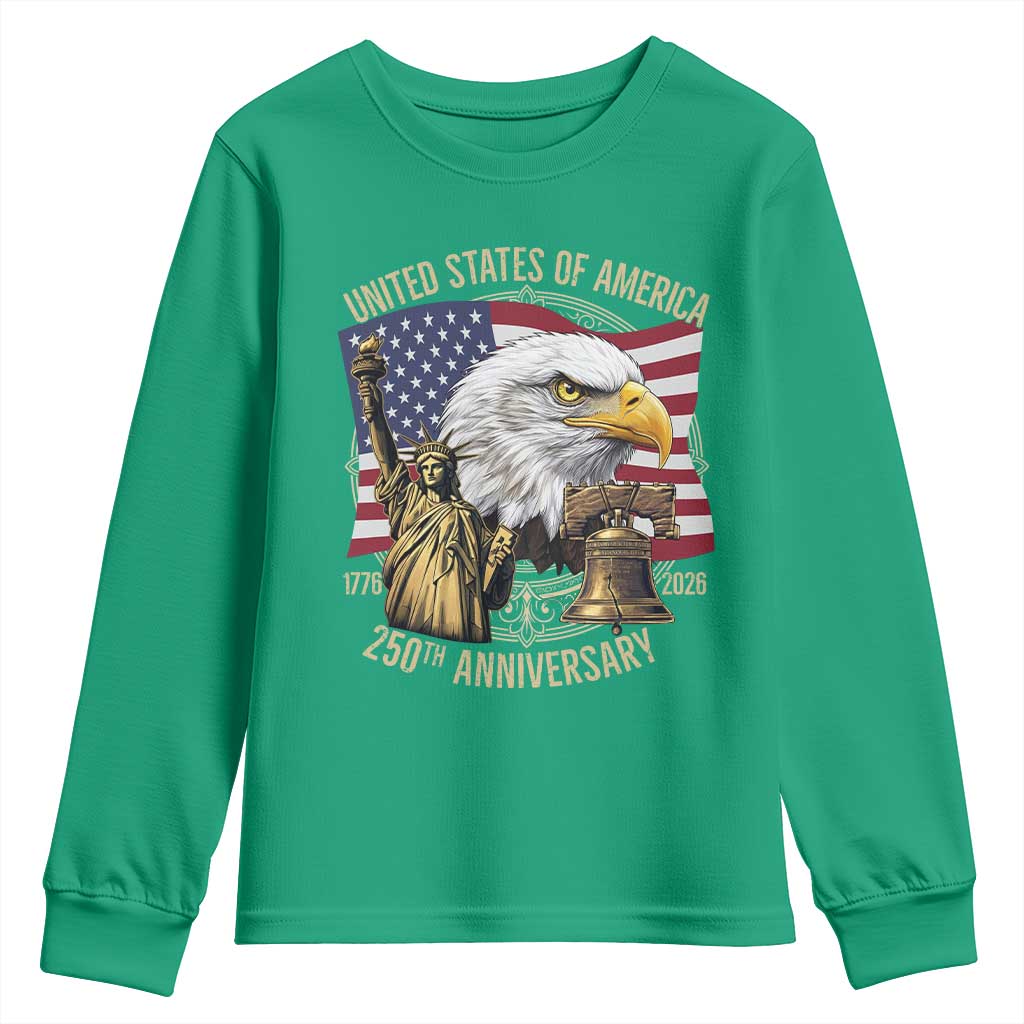 USA 250th Anniversary 1776 2026 4th of July Youth Sweatshirt Patriotic Eagle Liberty Bell Statue of Liberty Graphic