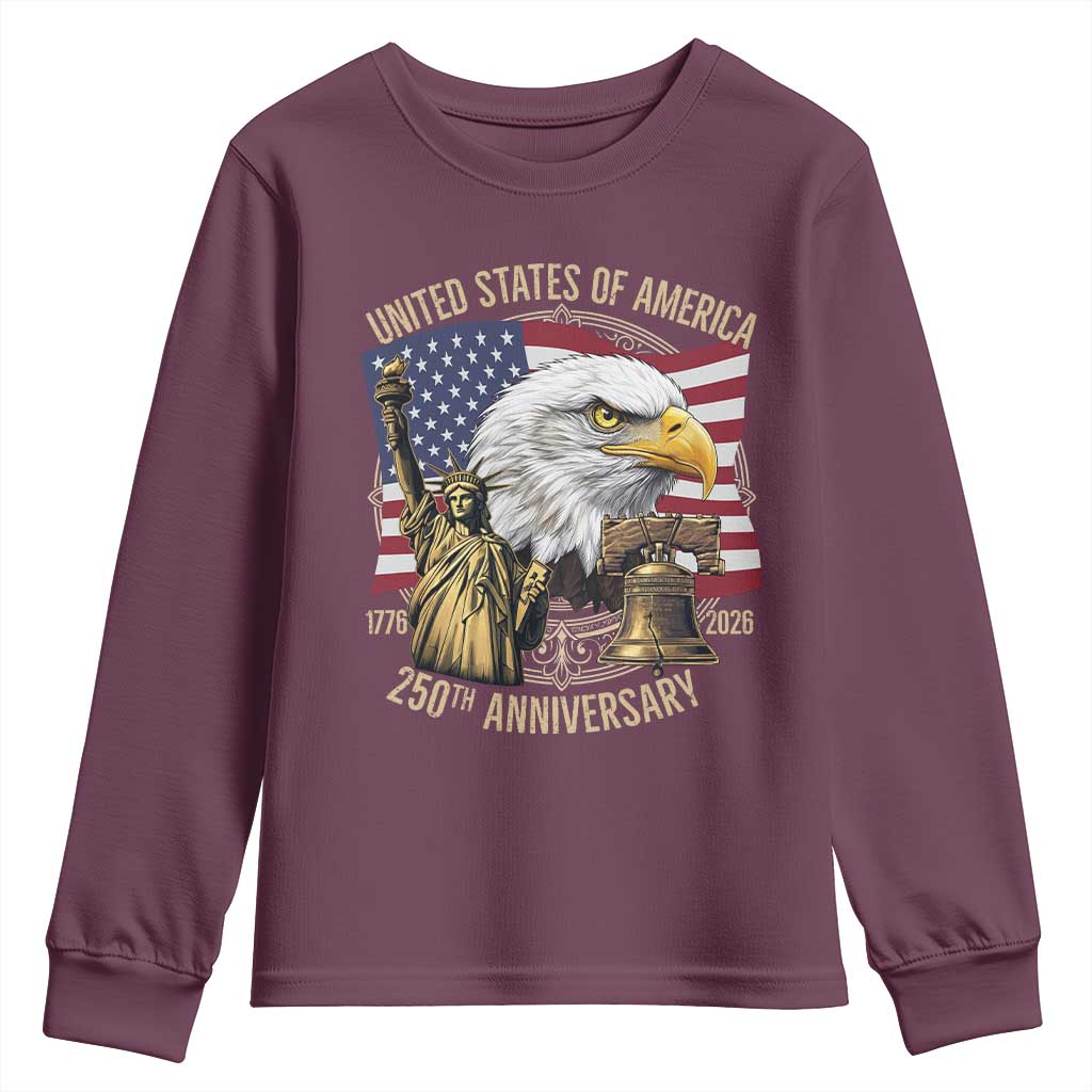 USA 250th Anniversary 1776 2026 4th of July Youth Sweatshirt Patriotic Eagle Liberty Bell Statue of Liberty Graphic