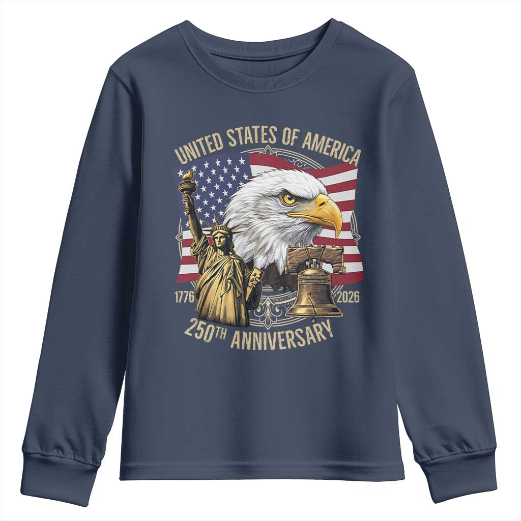 USA 250th Anniversary 1776 2026 4th of July Youth Sweatshirt Patriotic Eagle Liberty Bell Statue of Liberty Graphic