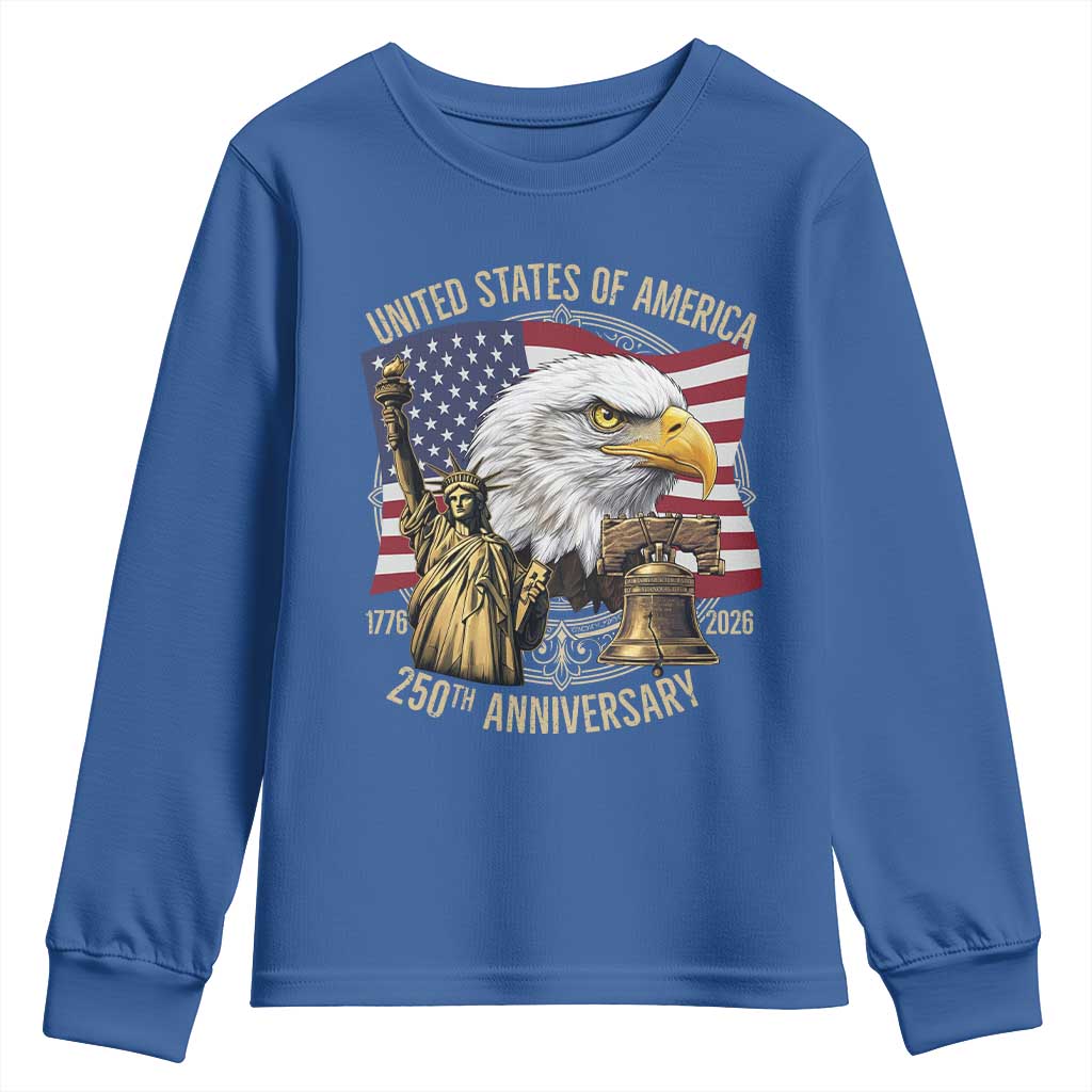 USA 250th Anniversary 1776 2026 4th of July Youth Sweatshirt Patriotic Eagle Liberty Bell Statue of Liberty Graphic
