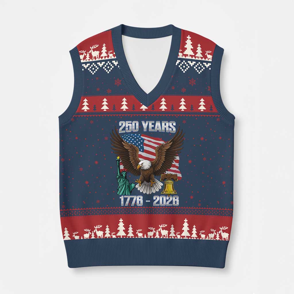 250 Years of Freedom 1776 2026 Patriotic Eagle V-Neck Knit Sweater Vest 4th of July American Flag Liberty Bell Statue of Liberty