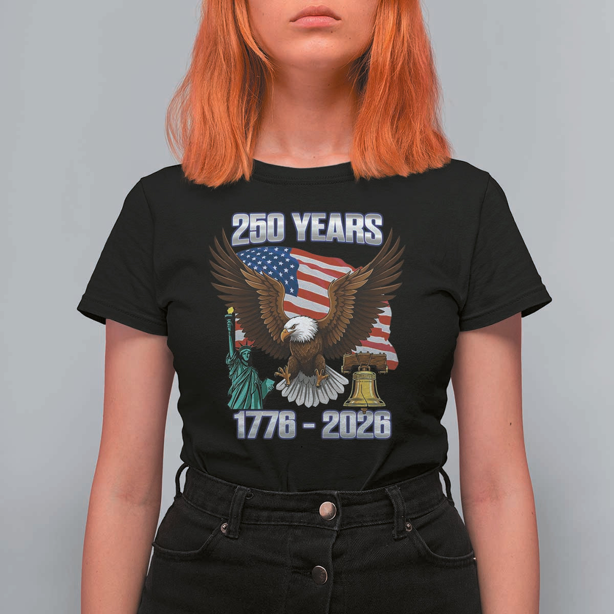 250 Years of Freedom 1776 2026 Patriotic Eagle T Shirt For Women 4th of July American Flag Liberty Bell Statue of Liberty