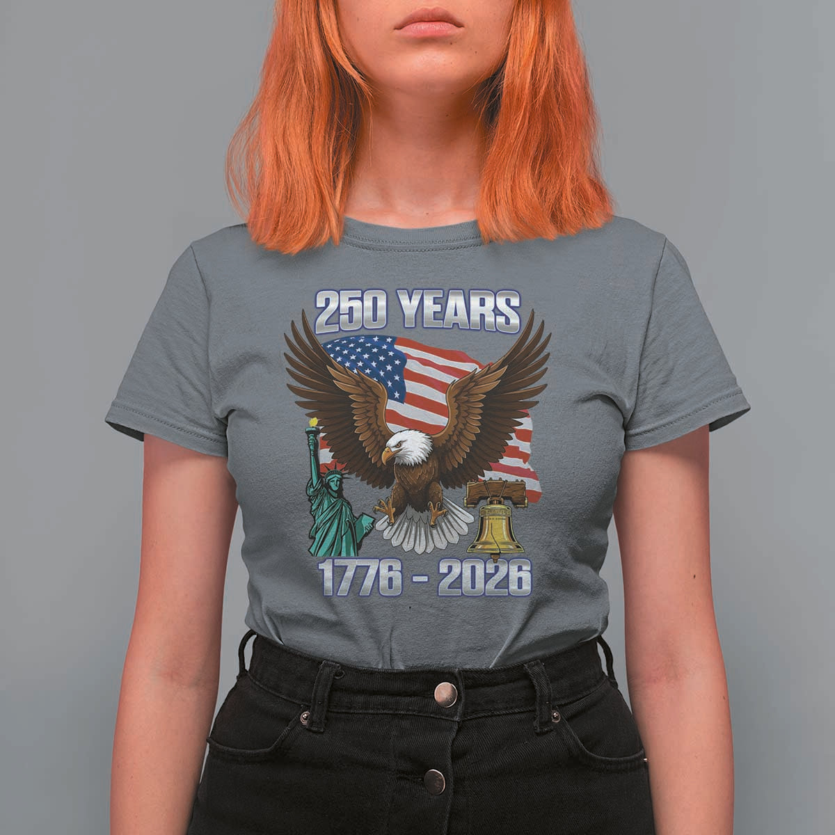 250 Years of Freedom 1776 2026 Patriotic Eagle T Shirt For Women 4th of July American Flag Liberty Bell Statue of Liberty