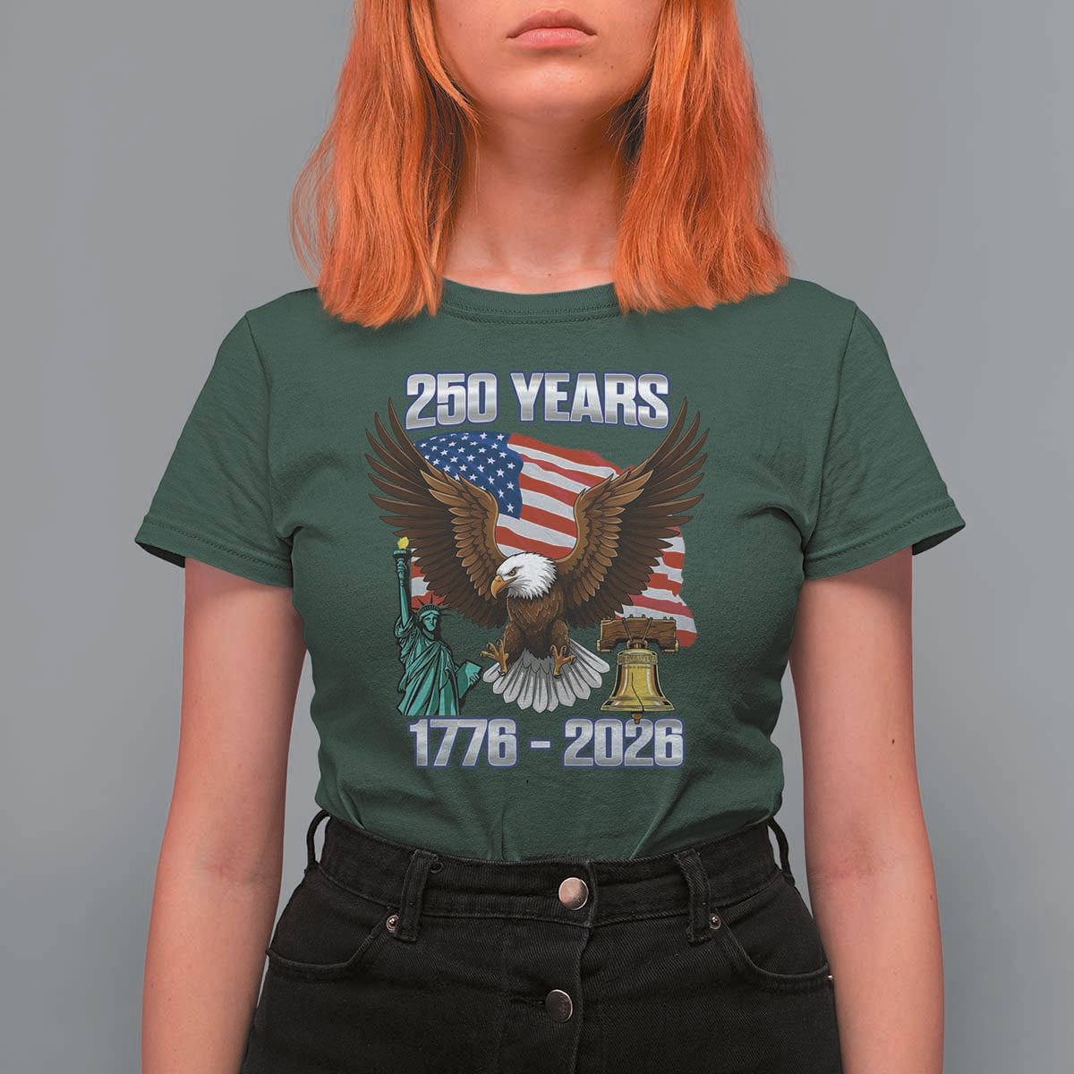 250 Years of Freedom 1776 2026 Patriotic Eagle T Shirt For Women 4th of July American Flag Liberty Bell Statue of Liberty