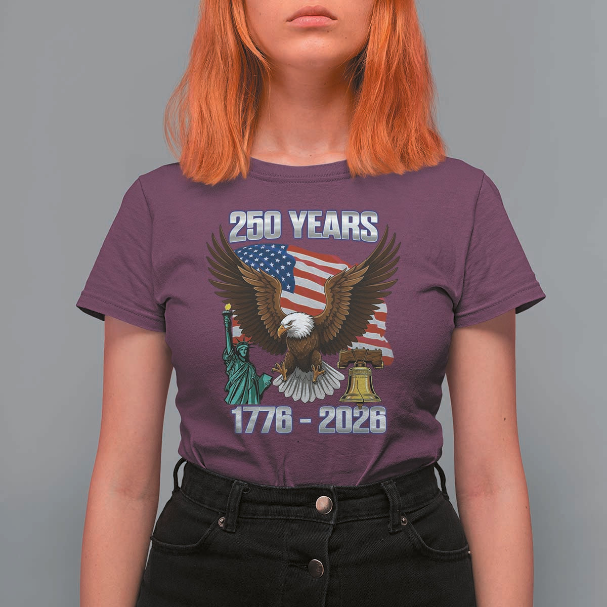 250 Years of Freedom 1776 2026 Patriotic Eagle T Shirt For Women 4th of July American Flag Liberty Bell Statue of Liberty