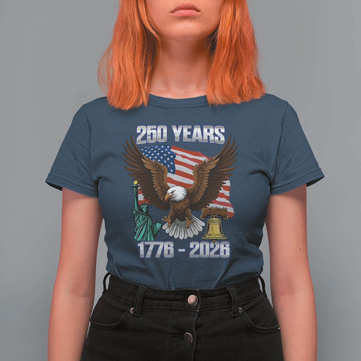 250 Years of Freedom 1776 2026 Patriotic Eagle T Shirt For Women 4th of July American Flag Liberty Bell Statue of Liberty