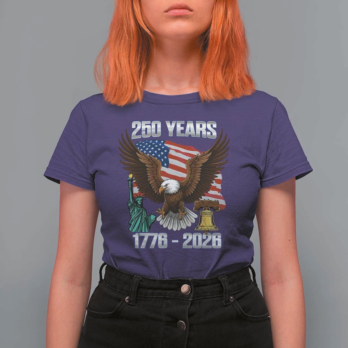250 Years of Freedom 1776 2026 Patriotic Eagle T Shirt For Women 4th of July American Flag Liberty Bell Statue of Liberty
