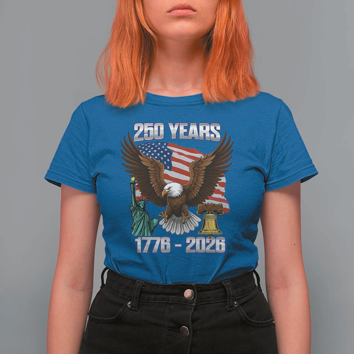 250 Years of Freedom 1776 2026 Patriotic Eagle T Shirt For Women 4th of July American Flag Liberty Bell Statue of Liberty