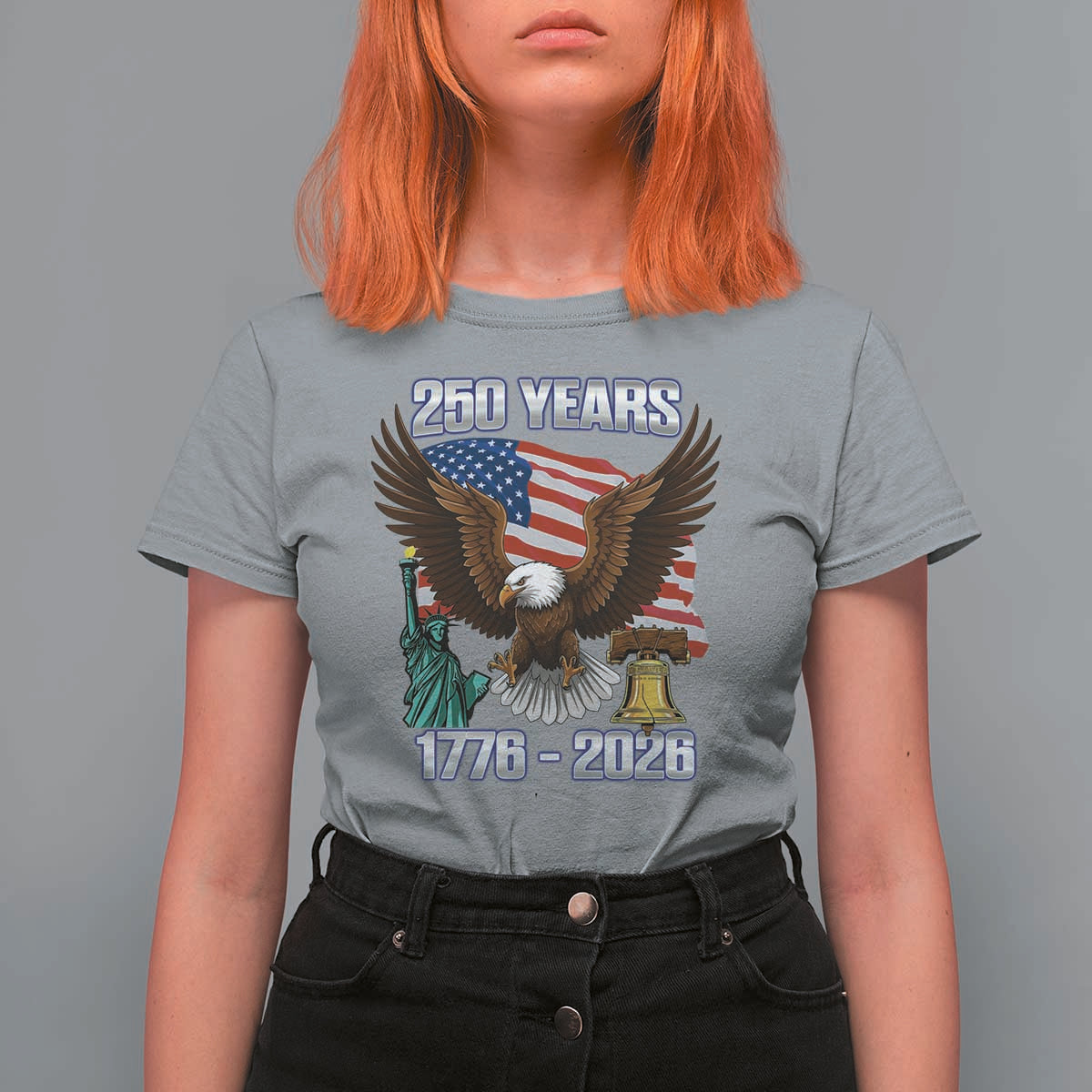 250 Years of Freedom 1776 2026 Patriotic Eagle T Shirt For Women 4th of July American Flag Liberty Bell Statue of Liberty