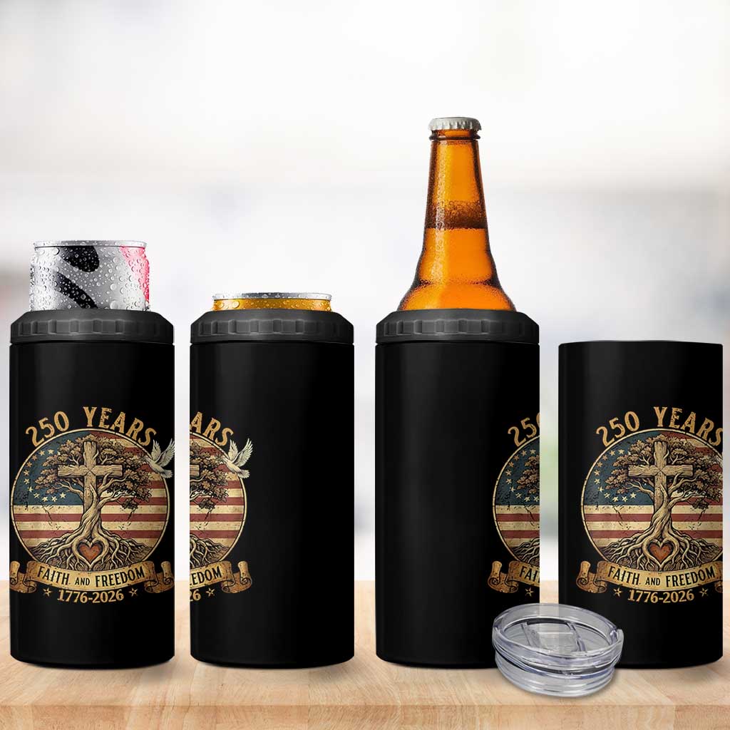 250 Years Faith and Freedom 1776 2026 4 in 1 Can Cooler Tumbler Cross Tree Dove Religious Patriotic Christian
