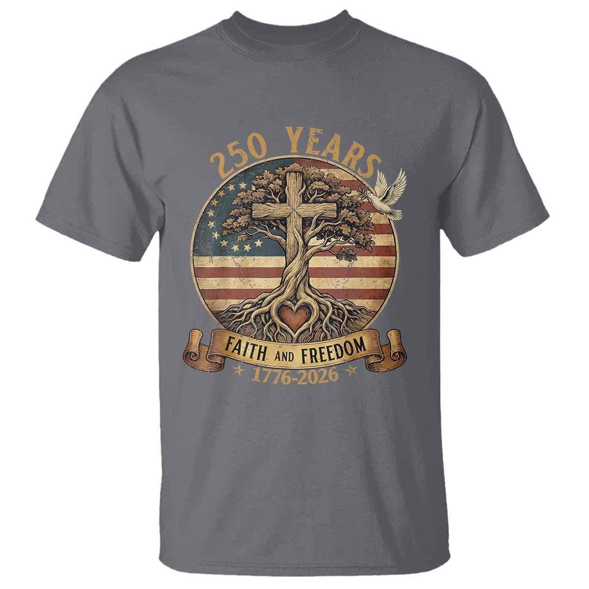 250 Years Faith and Freedom 1776 2026 T Shirt Cross Tree Dove Religious Patriotic Christian