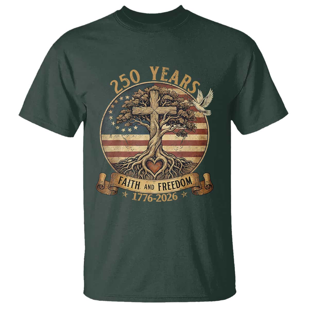 250 Years Faith and Freedom 1776 2026 T Shirt Cross Tree Dove Religious Patriotic Christian